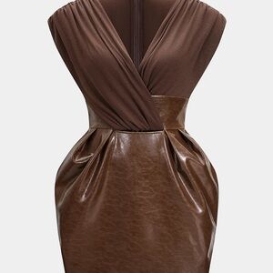 Faux Leather Patchwork V-Neck Ruched Sleeveless Mini Dress